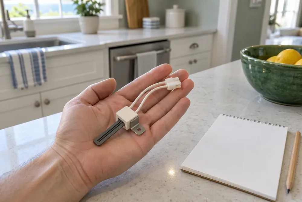 Small appliance part resting in an open palm beside a blank notepad and pencil