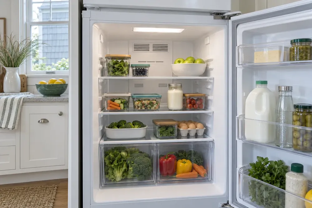 Hand reaching toward a thermometer inside an open, lit refrigerator beside a carton of eggs.
