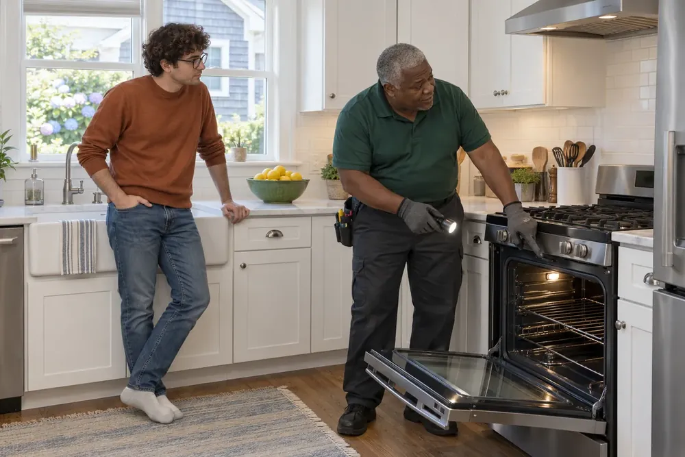 Technician showing the inside of an open oven to a homeowner in a bright kitchen