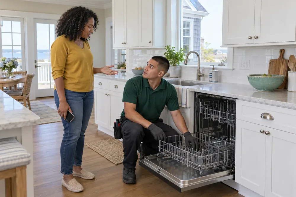 Technician at an open dishwasher rack talking with a homeowner who holds a smartphone